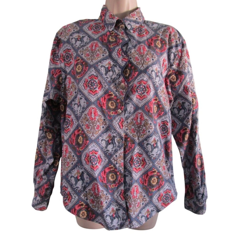 Vintage Caliente Cowgirl Rodeo Western Long Sleeve  Shirt Colorful Medallion Med